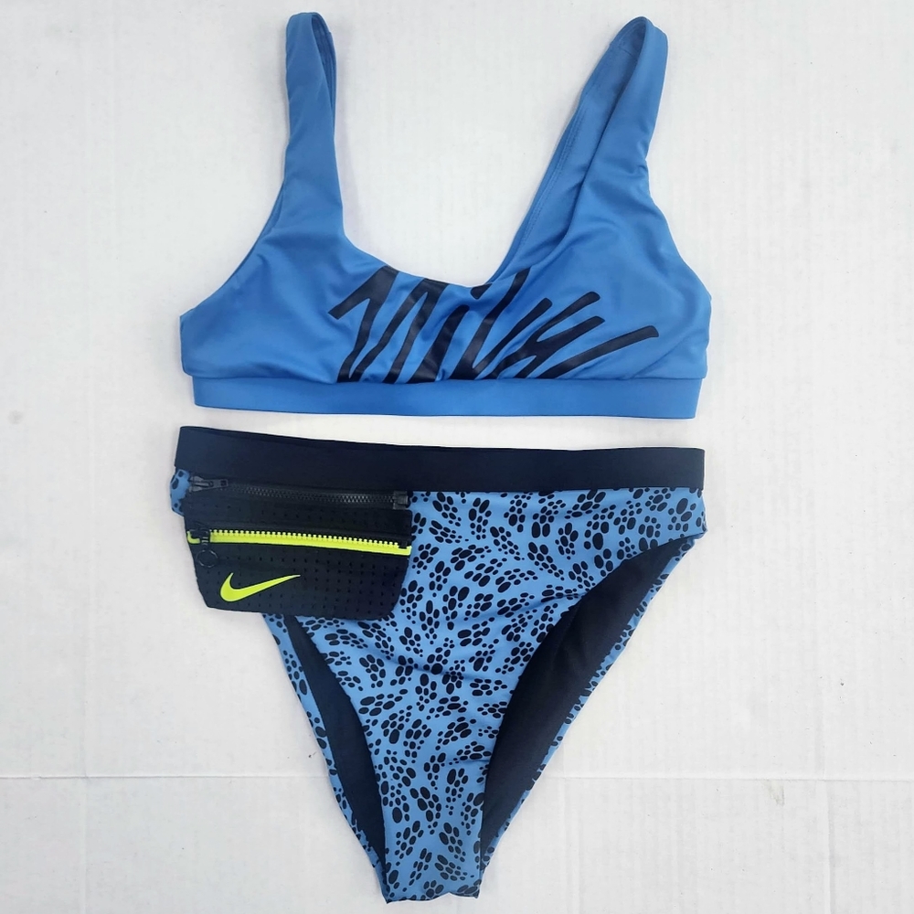 NIKE PARTY DOTS HIGH-WAISTED BIKINI BOTTOMS W/ FANNY PACK & LOGO  BRA TOP